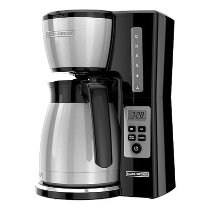 BLACK+DECKER - Cafetera térmica programable de 12 tazas con fuerza de infusión y tecnología VORTEX, color negro y acero