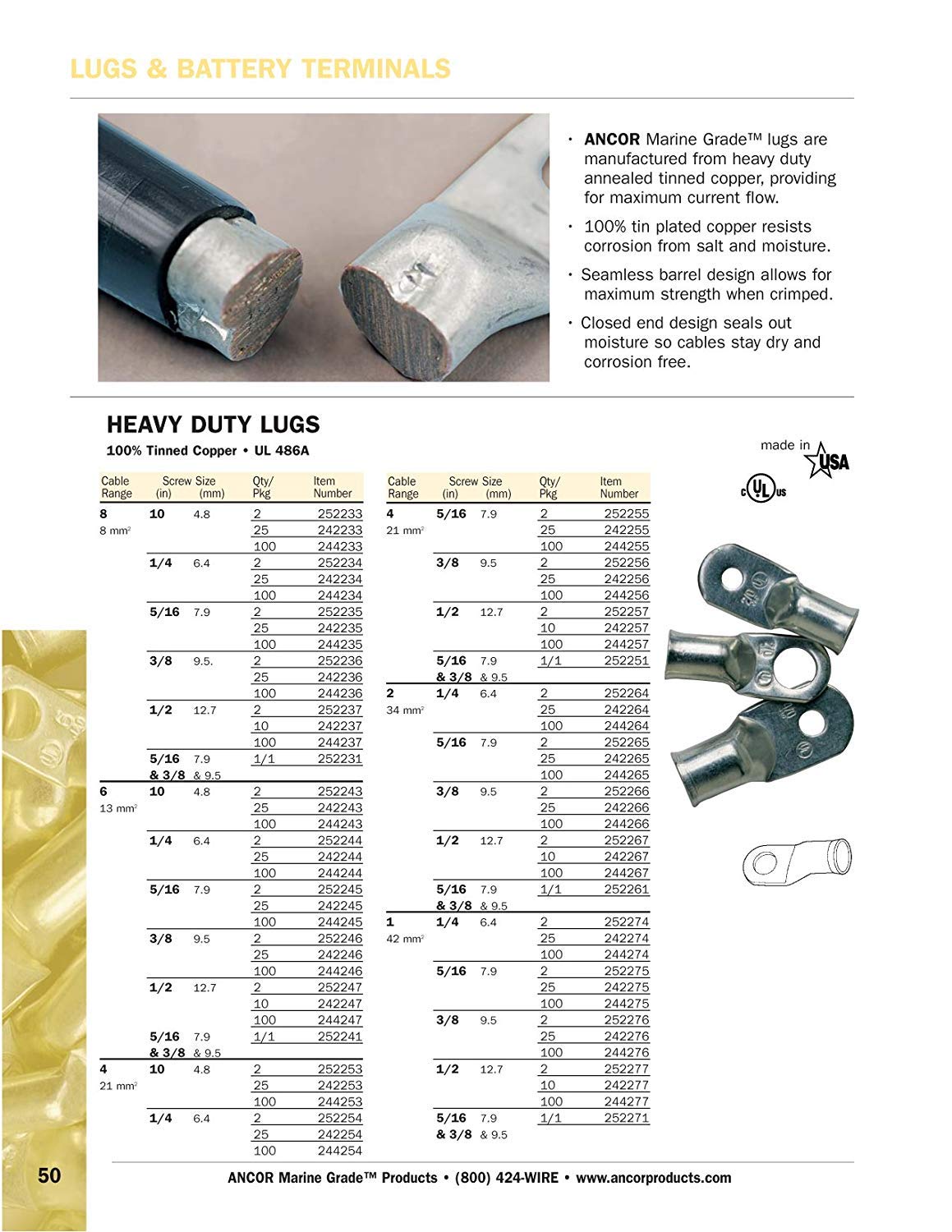 Ancor 252285 Marine Grade Electrical Heavy Duty Tinned Copper Lugs (1/0-Gauge, Size 5/16 Screw, 2-Pack)