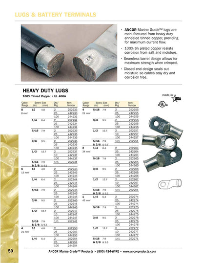 Ancor 252285 Marine Grade Electrical Heavy Duty Tinned Copper Lugs (1/0-Gauge, Size 5/16 Screw, 2-Pack)