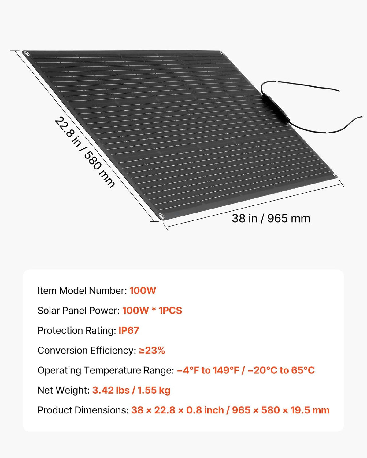VEVOR Panel Solar Flexible Monocristalino de 100 W, Cargador Monofásico Fuera de Red con Eficiencia del 23% y Salida MC4, para Superficies Curvas de Cabinas de Vehículos Recreativos y Marinos