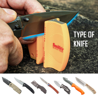 Smith's CCKS - Afilador de cuchillos de 2 pasos - Amarillo - Ranuras gruesas y finas preestablecidas de 2 pasos - Afilador de cuchillos de mano para exteriores, pesca, caza, filete, cuchillos de