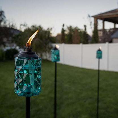 TIKI - Linternas TIKI de vidrio azul topacio - Linternas decorativas para exteriores, 65 pulgadas para patio, patio trasero y jardín, fácil de instalar, resistente a la intemperie, con mecha y