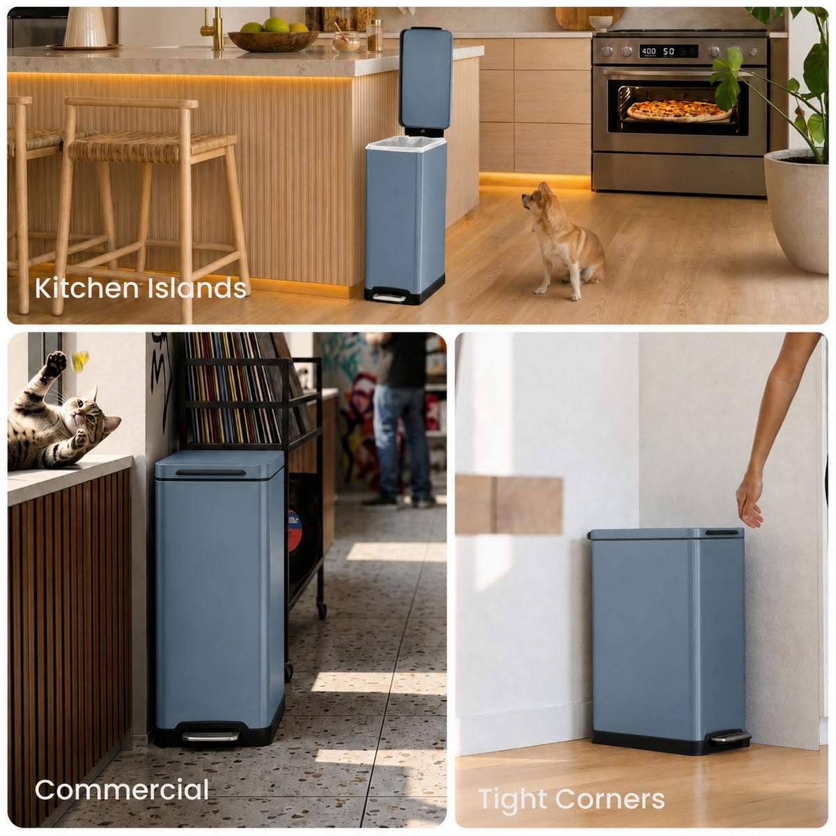 Home Zone Living - Papelera de cocina delgada de 12 galones con tapa de cierre suave, pedal de paso, banda para meter bolsa y forro extraíble, acero inoxidable, azul medianoche, 45 litros