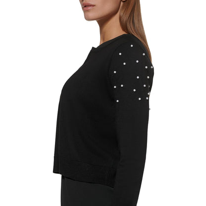 DKNY Long Sleeve Jewel Neck Pearl Detail Open Front Waist Length Shrug Suéter Tipo cárdigan Mujer