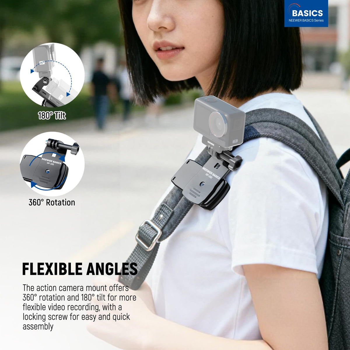 NEEWER Basics - Soporte de Abrazadera para Mochila, Adaptador de Tres Puntas Compatible con GoPro Hero Insta360 dji AKASO Accesorios de cámara de acción para grabación de Video POV, GP-102