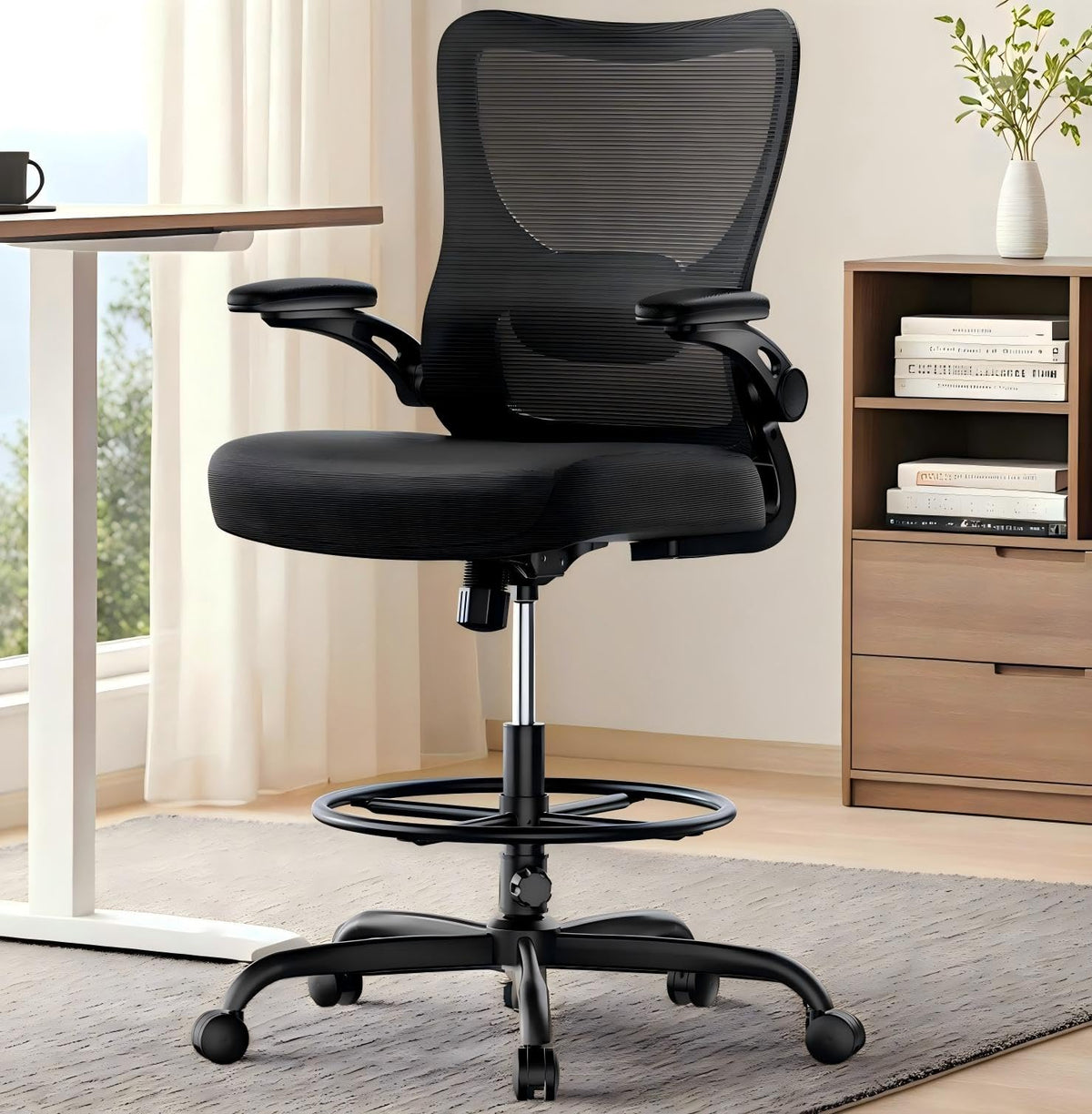 Marsail - Silla de dibujo, silla de oficina alta con soporte lumbar 2D, silla de computadora de pie, silla de oficina alta con reposabrazos abatibles acolchados y anillo de reposapiés ajustable, color