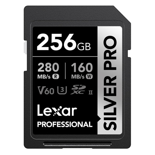 Tarjeta Lexar Profesional 256GB Silver Pro SDXC UHS-II Clase 10, U3, V60, Silver Pro (Lectura hasta 280MB/s Read, Escritura hasta 120MB/s)