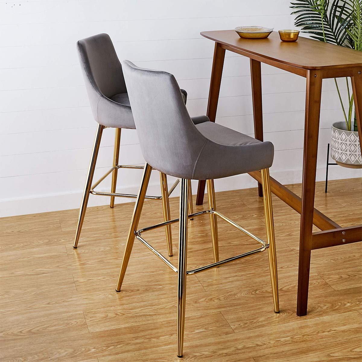CangLong - Taburete tapizado de Terciopelo con Patas de Metal para Bar, Cocina, Comedor, Sala de Estar y Bar bistró, Juego de 2, Color Gris