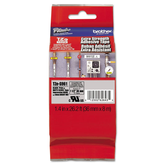 Brother Cinta Laminada TZe-S961 con Adhesivo Extra Fuerte | Texto Negro sobre Plata, Compatible con Rotuladores P-Touch, 36mm x 8m, P-Touch
