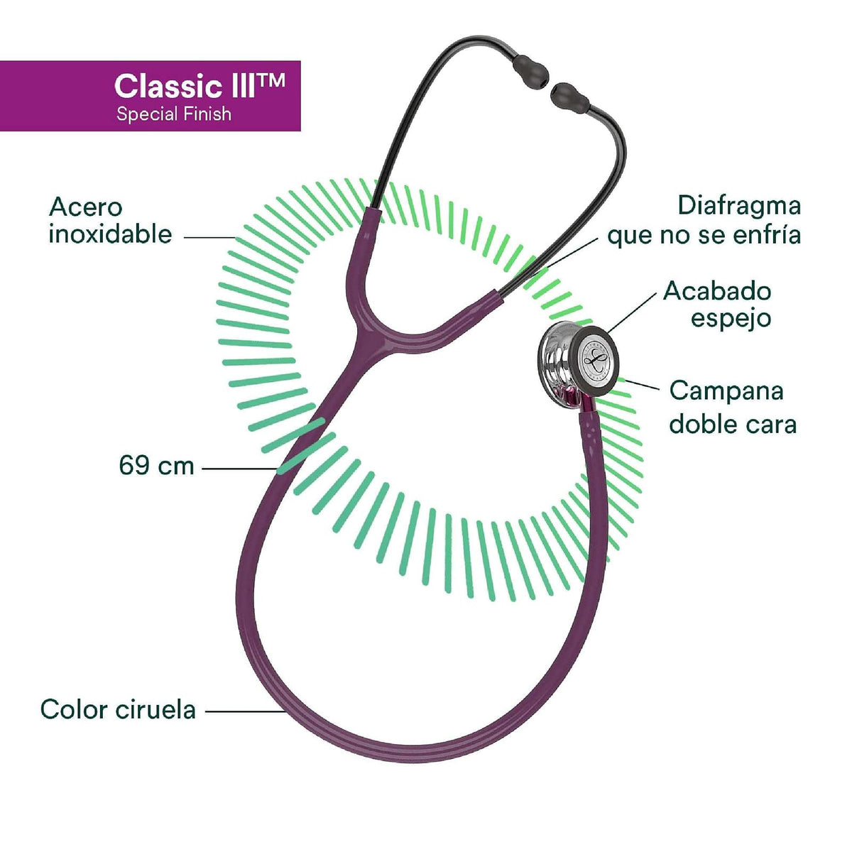 3M Littmann Estetoscopio Classic III, Manguera Color Ciruela, Acabado Espejo, 69 cm (Modelo 5960)