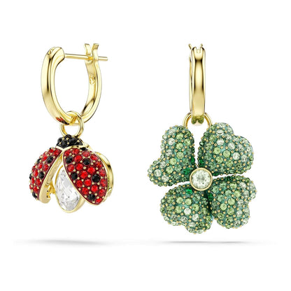 Swarovski Idyllia - arete colgantes (3), catarina, trébol, fresa, multicolor, baño dorado