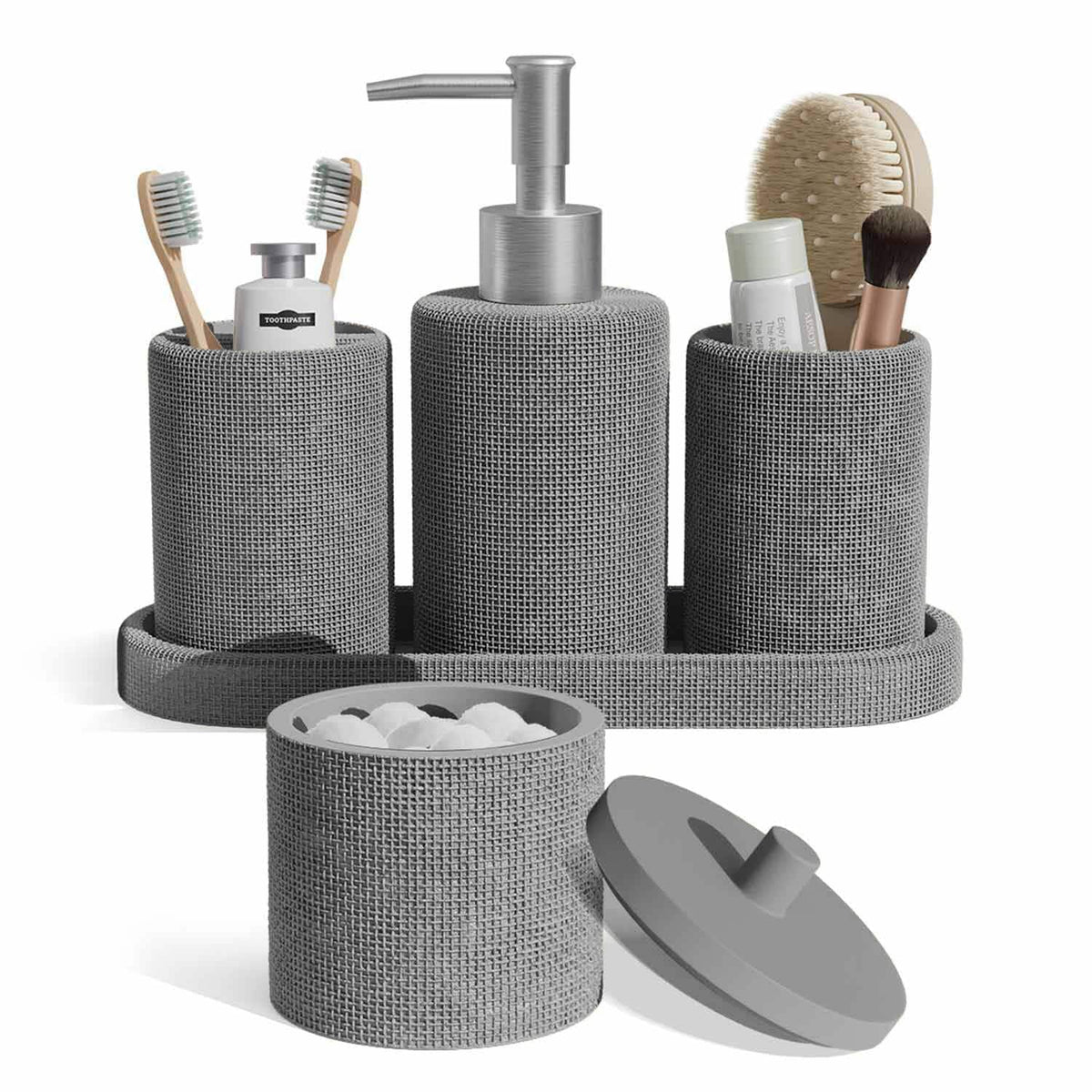 Clara Clark - Juego de Accesorios de baño Gris, Juego de Accesorios de baño de 5 Piezas, Juegos de baño con dispensador de jabón, Soporte para Cepillo para Polvo de Dientes, Vaso, Tarro de hisopo de