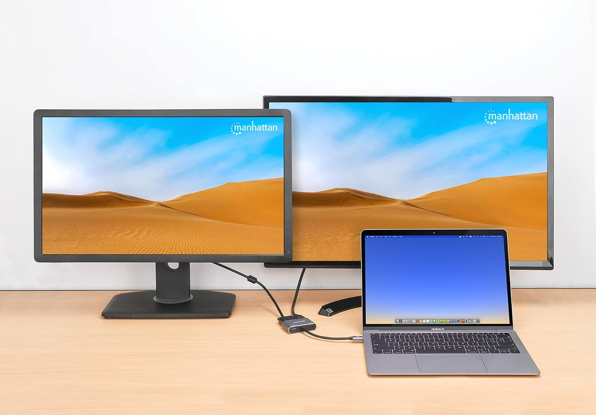Adaptador USB C a HDMI 4K y VGA, Docking Station 4 en 1 con Puerto USB 3.0 y Carga PD 87W para MacBook Pro, Air, iPad, Laptop y Surface, Doble Salida de Video, Gris Espacial, Manhattan 130691