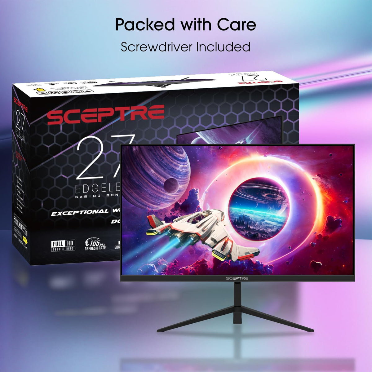 Sceptre 27" Gaming Monitor 1080p up to 165Hz 1ms AMD FreeSync Premium HDMI DisplayPort Build-in Speakers, 93% DCI-P3, Negro máquina (E275B-FWD168)