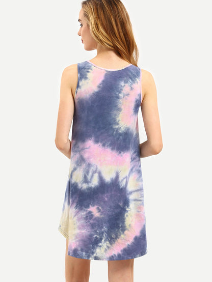 Romwe Women's Tie Dye T-Shirt Sleeveless Casual Loose Swing Dress Tunic Top Pink L