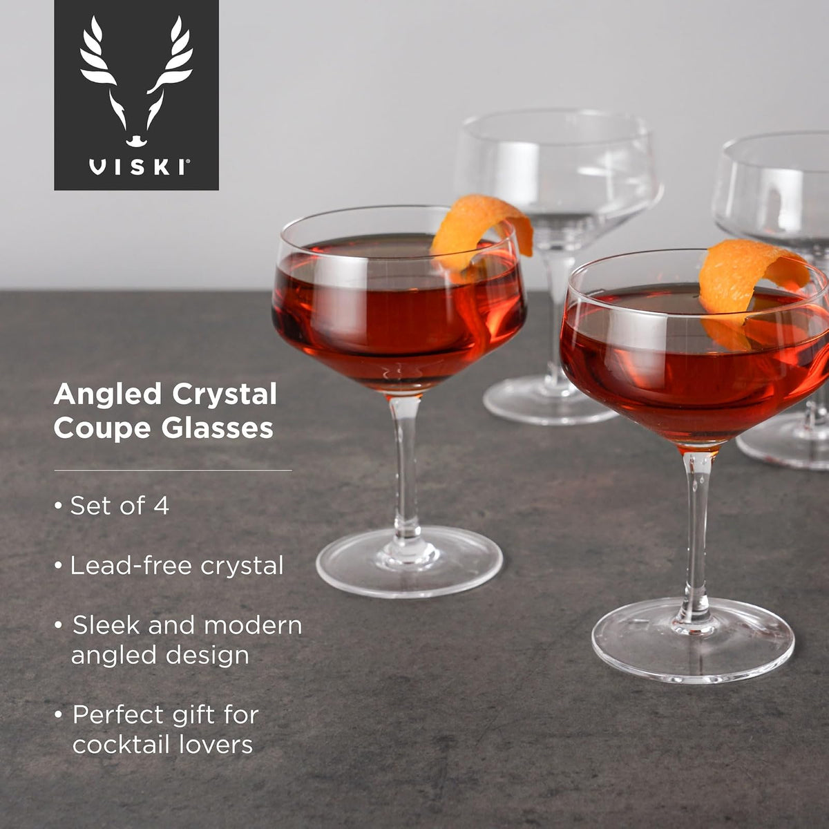 Viski Raye - Vasos de cóctel de vidrio en ángulo, copas de champaña, juego de vasos de martini expreso, juego de 4, 7 onzas