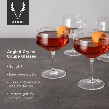 Viski Raye - Vasos de cóctel de vidrio en ángulo, copas de champaña, juego de vasos de martini expreso, juego de 4, 7 onzas