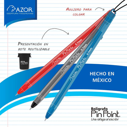 Azor Bolígrafo Punto Fino .7mm 36 Piezas PinPoint Colores Negro(18pz), Azul(12pz) y Rojo(6pz) 301.6810BCS