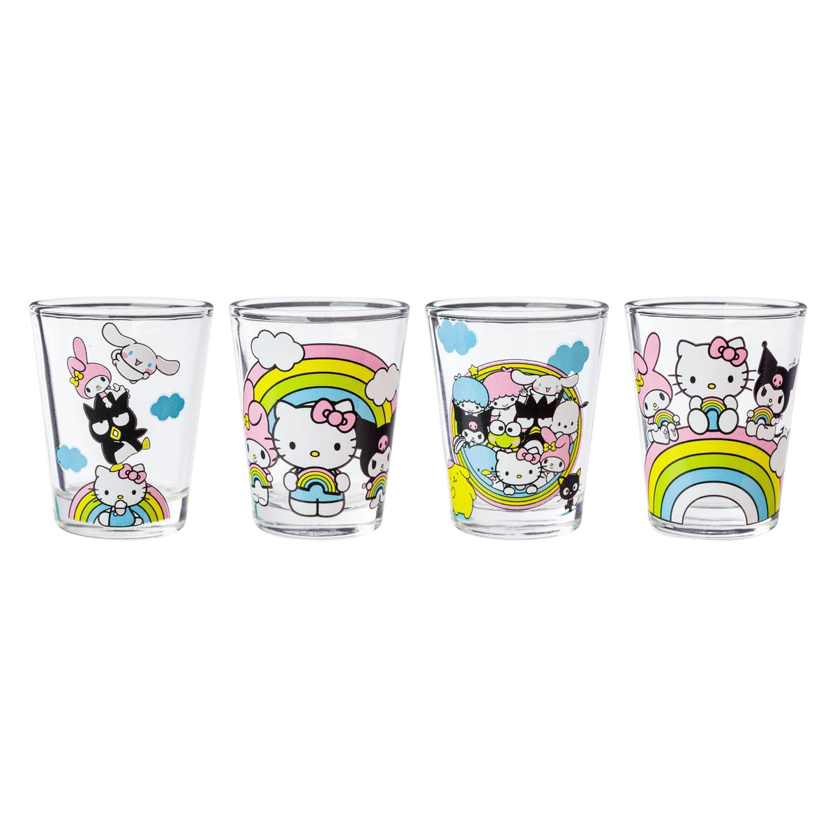 Silver Buffalo Sanrio Hello Kitty and Friends Rainbow con Badtz-Maru, My Melody, Cinnamoroll, Kuromi, Little individual Stars, Pochacco, Keroppi, Tuxedo Sam, Chococat, paquete de 4 mini anteojos, 1.5