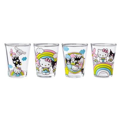 Silver Buffalo Sanrio Hello Kitty and Friends Rainbow con Badtz-Maru, My Melody, Cinnamoroll, Kuromi, Little individual Stars, Pochacco, Keroppi, Tuxedo Sam, Chococat, paquete de 4 mini anteojos, 1.5