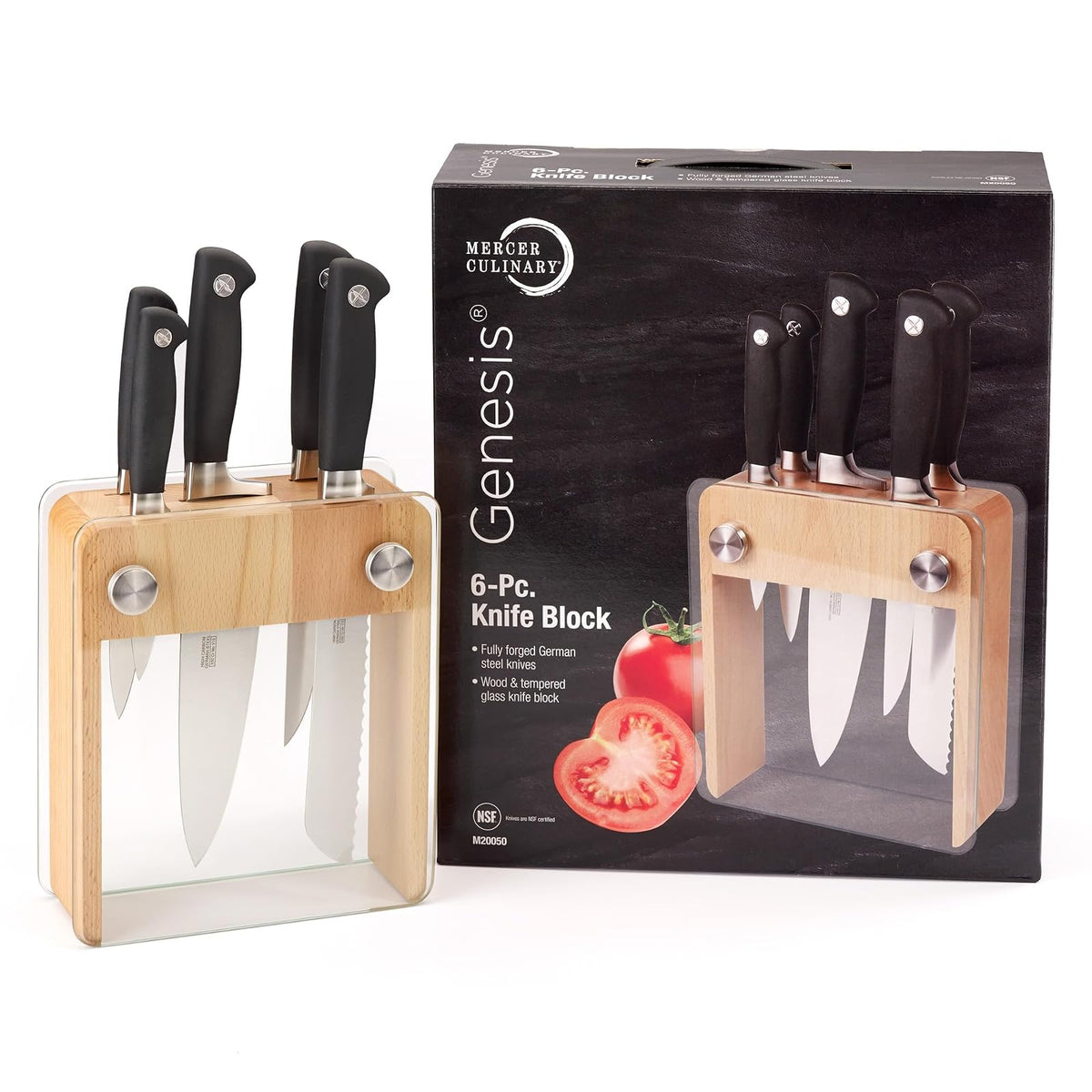 Mercer Culinary Genesis Juego de bloque con 6 cuchillos forjados, Bloque de madera con vidrio templado, Negro/Acero, 15" x 4" x 10", 1, 1