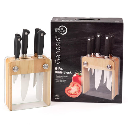 Mercer Culinary Genesis Juego de bloque con 6 cuchillos forjados, Bloque de madera con vidrio templado, Negro/Acero, 15" x 4" x 10", 1, 1