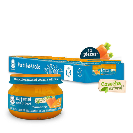 Gerber Papilla Etapa 1, A Partir de 6 Meses, Adicionado con Vitamina C, Zanahoria, Paquete de 12 Frascos de 70 g c/u