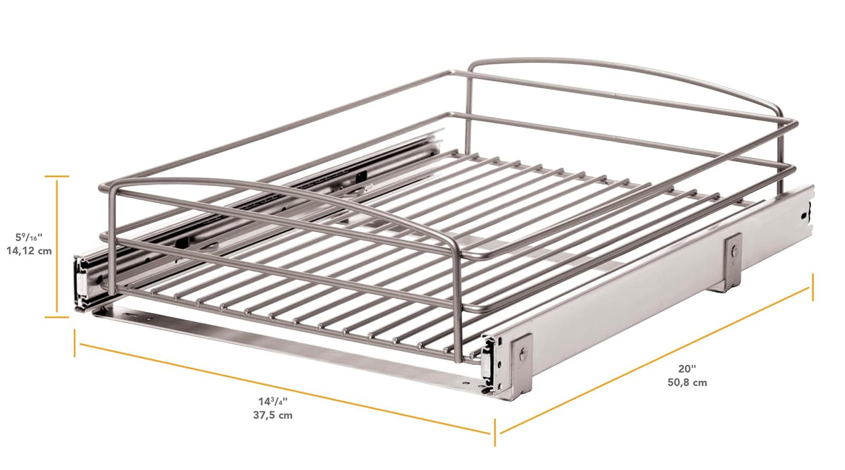 Knape & Vogt RS-MUB-14-FN 5" Alto x 15 pulgadas. Ancho x 20 pulgadas. D Cesta multiusos plateada organizador de gabinete, níquel esmerilado