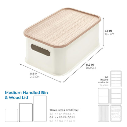 iDesign cubeta de Almacenamiento Mediano de plástico Reciclado con Asas y Tapa de Madera de Paulownia, 8.4 x 11 x 5 Pulgadas, Coco