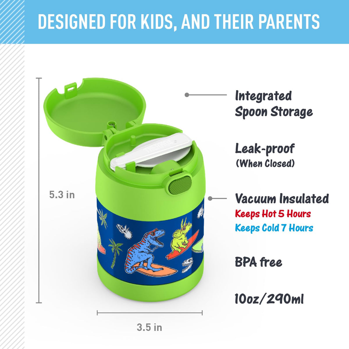 THERMOS FUNTAINER - Tarro aislado para alimentos, 10 onzas, apto para niños con cuchara plegable, Daring Dinos