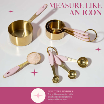 Paris Hilton - Juego de tazas y cucharas medidoras de acero inoxidable con mango de silicona rosa, apto para lavaplatos, para ingredientes secos y líquidos, juego de 8 piezas, dorado y rosa