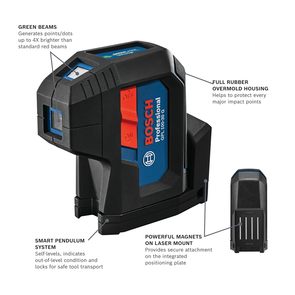 Bosch GPL100-30G Láser de Alineación Autonivelante Verde | Incluye 2 baterías AA, soporte multiuso integrado, estuche de transporte duro, precisión +/-1/8 pulgadas a 30 pies
