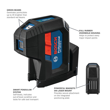 Bosch GPL100-30G Láser de Alineación Autonivelante Verde | Incluye 2 baterías AA, soporte multiuso integrado, estuche de transporte duro, precisión +/-1/8 pulgadas a 30 pies