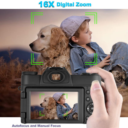 Lierhyt Cámara Digital de 48 MP para fotografía, cámara de vlogging 4K, cámara Digital para niños y Adultos con visualización abatible de 180°, Zoom Digital de 16 X, Lente Gran Angular, Lente Macro,
