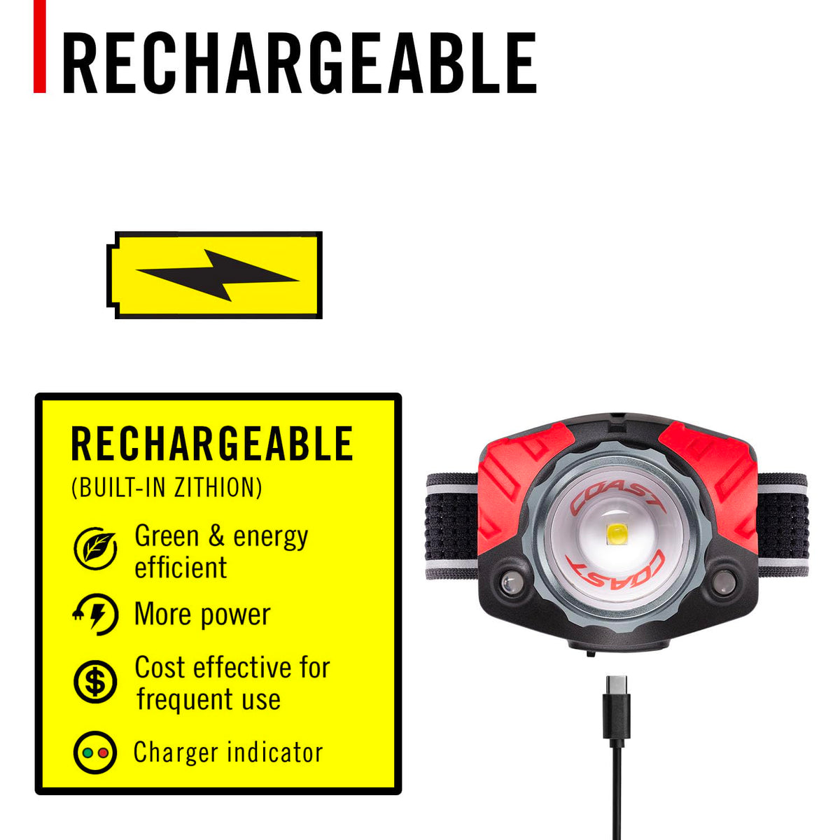 Coast® FL85R 1000 lúmenes tricolor (blanco/rojo/verde) Focusing LED recargable faros delanteros con batería recargable incorporada
