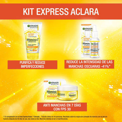 Kit Garnier Express Aclara Rutina anti manchas con Vitamina C: Sérum facial, crema hidratante y gel limpiador, 3 piezas. Hidrata, ilumina y unifica el tono de la piel