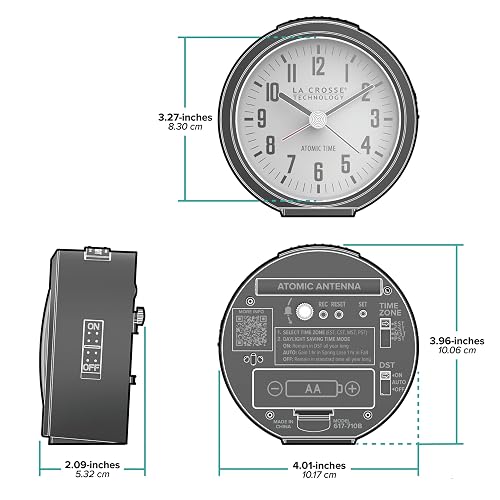 La Crosse Technology 617-710B-INT Reloj Despertador analógico atómico Negro Redondo de 4 Pulgadas