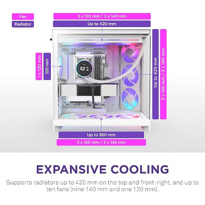 NZXT Gabinete H9 Flow RGB Blanco – ATX, Diseño Elegante con RGB, Paneles de Cristal, USB 3.2 Tipo A y Tipo C
