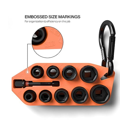 Klein Tools 33809 Grab-And-Go Impact Socket Set, SAE, juego de 10 piezas con manga, mosquetón y unidad de 3/8 pulgadas, codificación por colores de 1/4, 5/16, 3/8, 7/16, 1/2, 9/16, 5/8, 11/16 y 3/4
