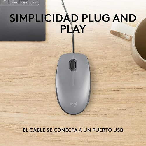 Logitech M110 Silent, Mouse óptico con Cable, Confortable Mouse ambidiestro de tamaño Normal para computadora con Click Discreto para Laptop, Notebook, PC y Mac, conectividad USB-A - Gris