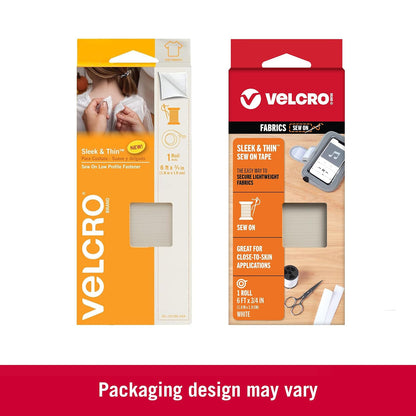 Velcro Marca Elegante y Delgada para Telas, Cinta de 6 pies x 3/4 Pulgadas, Color Blanco, Suave en la Piel, Ultra Ligera con tecnología de Carril de Costura