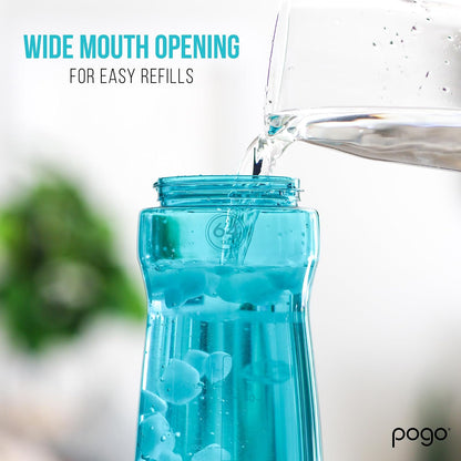 Pogo - Botella de agua de plástico de 64 onzas con tapa a prueba de fugas y asa de transporte, reutilizable, sin BPA, marcas de capacidad, apta para lavaplatos, perfecta para viajes, escuela, al aire