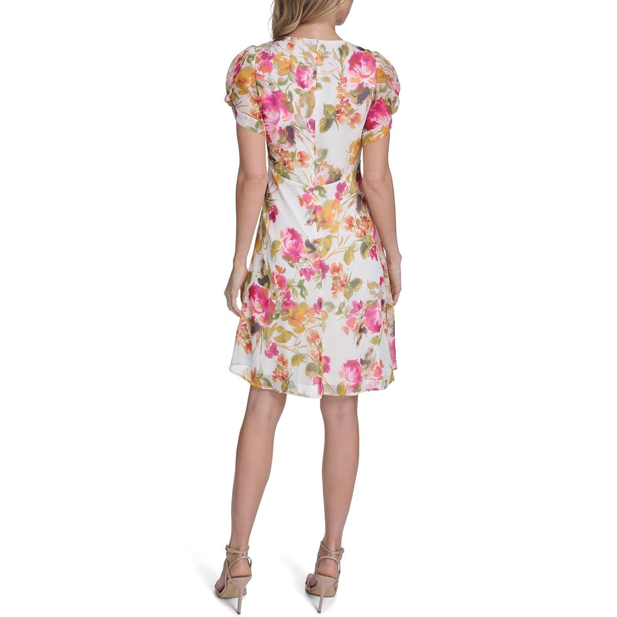 Calvin Klein Puff Sleeve V Neck Chiffon A-Line Short Dress Vestido Mujer