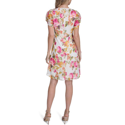 Calvin Klein Puff Sleeve V Neck Chiffon A-Line Short Dress Vestido Mujer