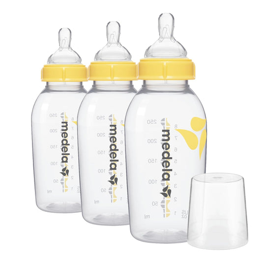 Medela | Biberones | Set de Botellas con Tetina de Flujo Medio | Edad bebé: 4-12 Meses | Contiene: 3 Botellas para Leche Materna de 8 oz / 250 ml con tapas, 1 Bolsa Esterilizadora Quick Clean