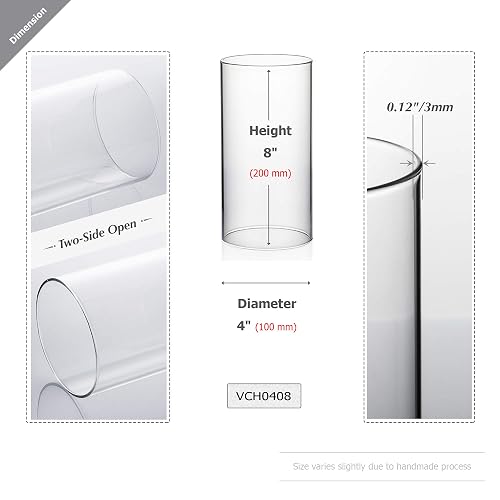 WGVI Hurricane - Funda para Velas, Ancho de 4 Pulgadas, Altura de 8 Pulgadas, portavelas cilíndrico de Vidrio Transparente, Tubo de Chimenea, visualización de Vela de Extremo Abierto, 1 Pieza