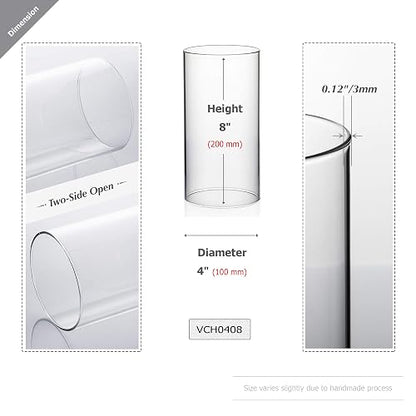 WGVI Hurricane - Funda para Velas, Ancho de 4 Pulgadas, Altura de 8 Pulgadas, portavelas cilíndrico de Vidrio Transparente, Tubo de Chimenea, visualización de Vela de Extremo Abierto, 1 Pieza