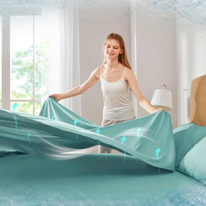 Comfort Spaces Juego de Sábanas Coolmax | King, Aqua, 4 piezas, absorbe humedad, bolsillo profundo 14 pulgadas, resistente a decoloración