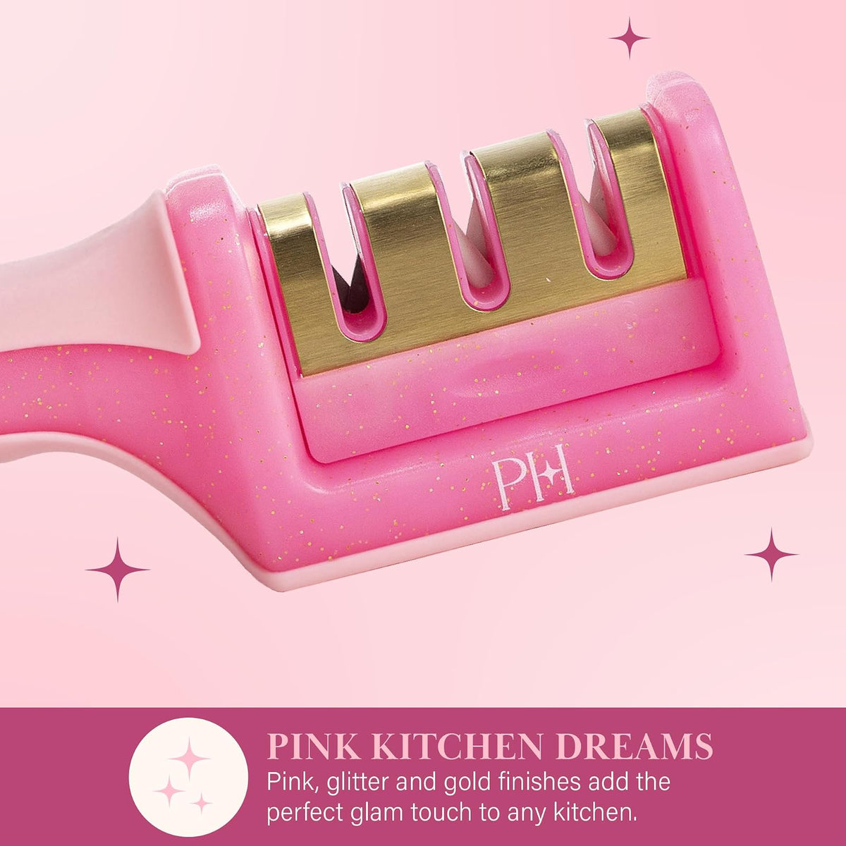 Paris Hilton Afilador de cuchillos de 3 etapas, afilador de cuchillos de cocina profesional con mango ergonómico, base antideslizante y etapas de afilado gruesas, medias y finas, color rosa