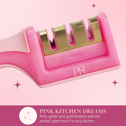 Paris Hilton Afilador de cuchillos de 3 etapas, afilador de cuchillos de cocina profesional con mango ergonómico, base antideslizante y etapas de afilado gruesas, medias y finas, color rosa